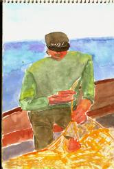 Fischer flickt Netz, Aquarell auf Skizzenblock